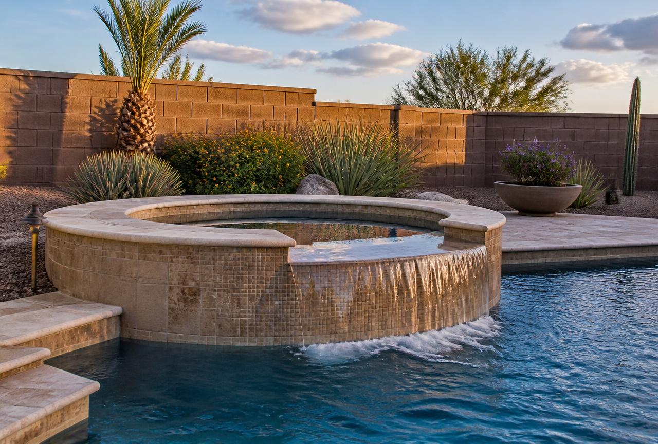 Raised spillover spa with travertine cap spilling heated water into an Arizona pool at sunset