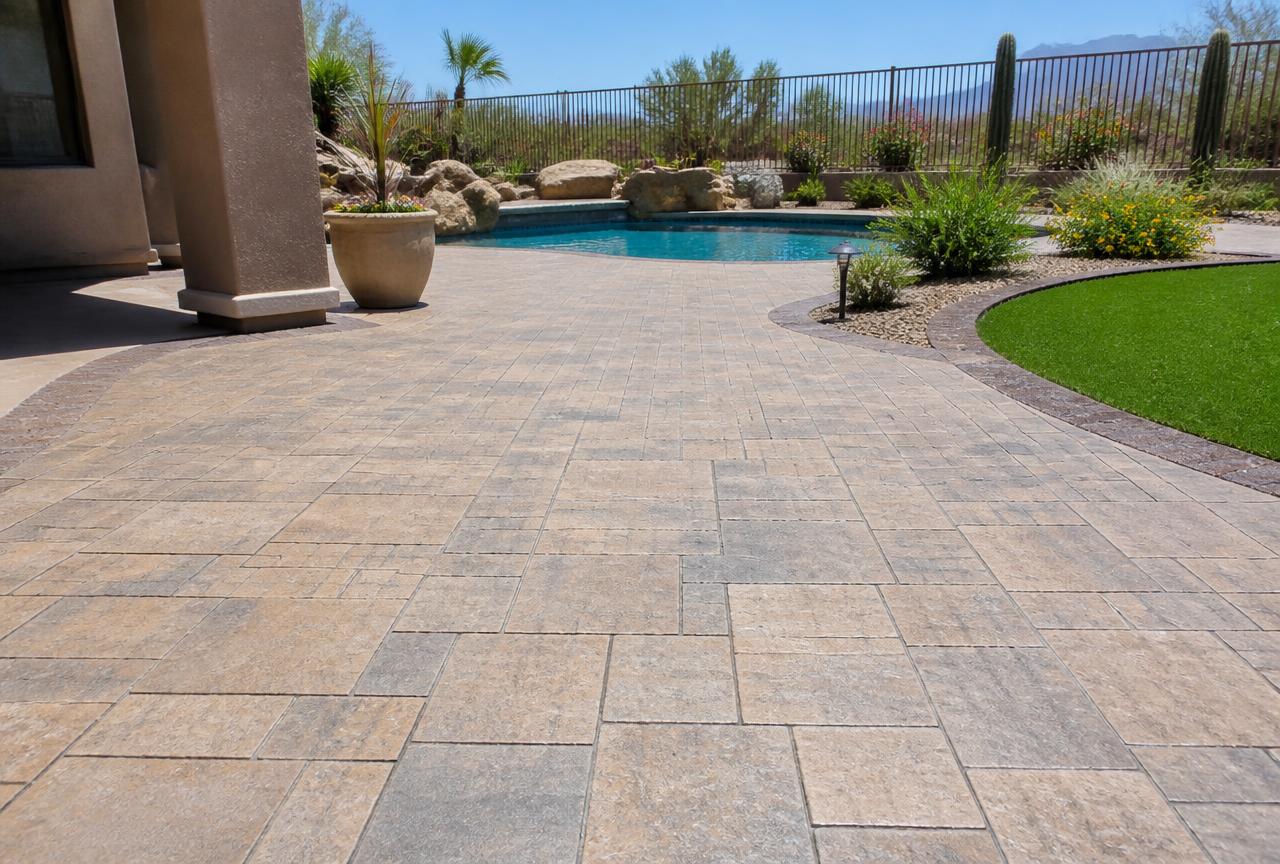 Stamped concrete patio in an ashlar slate pattern beside an Arizona pool